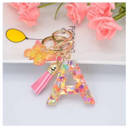 Exquisite 26 Letter Resin Keychain with Pink Tassel Gradient Butterfly Pendant Key Ring Women Bag Ornaments Accessories A