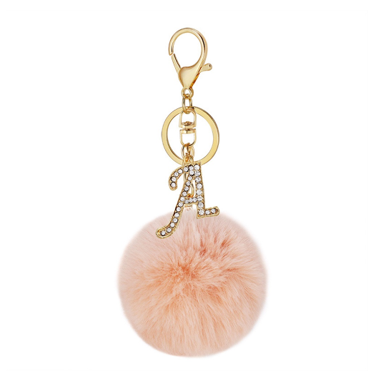 New 26 Letter Rhinestone Alloy Keychain Charm Girls Pink Pompom Key Ring Car Key Holder Women Bag Ornaments Accessories A