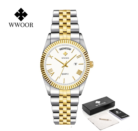WWOOR Top Brand Fashion Watch Men Stainless Steel Luxury Waterproof Calendar Wristwatch Mens Watches WHITE DIAL TWO TONE