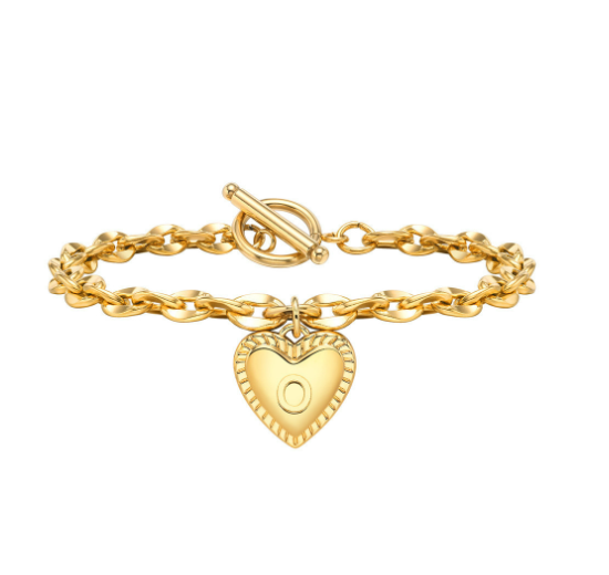 Vnox A-Z Letter Heart Charms Bracelet for Women Girl 18K Gold Elegent Love Stainless Steel Link Chain Initial Jewelry Birthday Present O