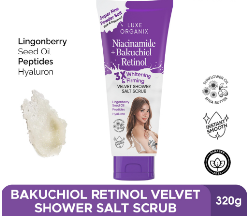LUXE ORGANIX Niacinamide + Bakuchiol Retinol Velvet Shower Salt Scrub 320G