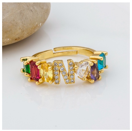 Hot Sale Adjustable A-Z 26 Initial Ring Bohemian Copper Zircon Rainbow Letter Rings for Women Girls Jewelry N