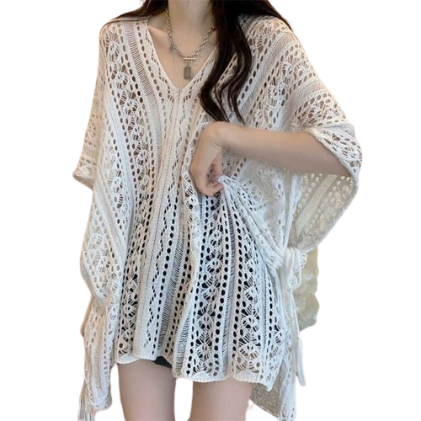 UKE Summer Sun Protection Casual Loose V-neck Sexy Hollowed Out Knit Pullover SP