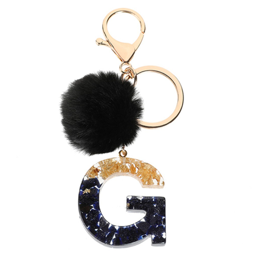 New Black Pompom 26 English Alphabet Resin With Gold Foil Keychain Charms Exquisite Letter Keyring G