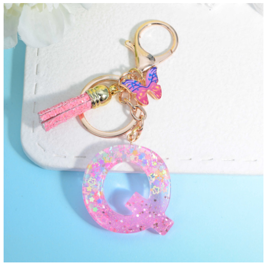 Glitter Star Sequin Filled 26 Letter Keychains With Butterfly Pendant Fashion Tassel Name Initials Key Chains Car Keyrings Gifts Q