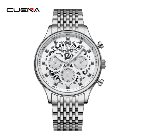 CUENA Original Brand New Men's Watches Mechanical Unique Style Creative Design Dial Stainless Steel Fashion Casual Business Sport Watch  SILVER WHITE