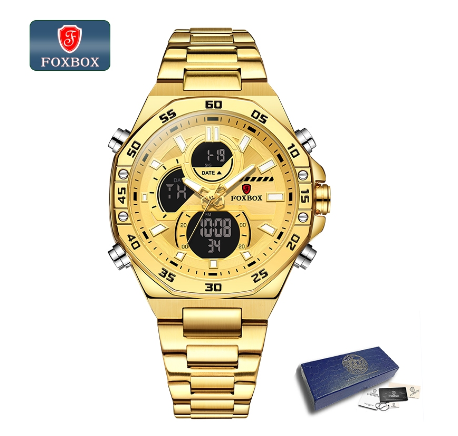 FOXBOX Luxury Men Digital Watch Fashion All Steel Dual Display Watch For Men Casual Waterproof Sports Chronograph Wristwatch GOLD