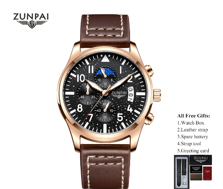 WISHDOIT Watch for Men Original Waterproof Leather Strap Business Sun Moon Star Multifunction Calendar Luminous Fashion Trend Watch ROSEGOLD