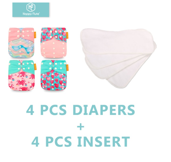Happyflute 4Pcs Pocket Diapers Plus 4 Pcs Microfiber Insert Reusable Washable Ecological Cloth Diaper Fit 3 15kg Baby Set 4
