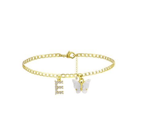 Fation Dainty Butterfly Initial Ankle Bracelets Handmade Cuban Chain White Butterfly A-Z Alphabet Letter Initial Anklets Summer Beach E