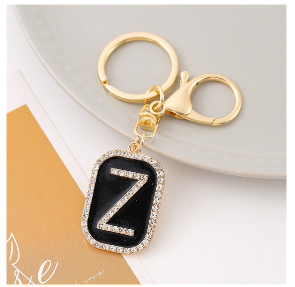 Exquisite Rhinestone 26 Letter Keychain Simple Black Enamel Initials Keyrings For Women Bag Pendant Ornament Car Keyholder Gifts Z