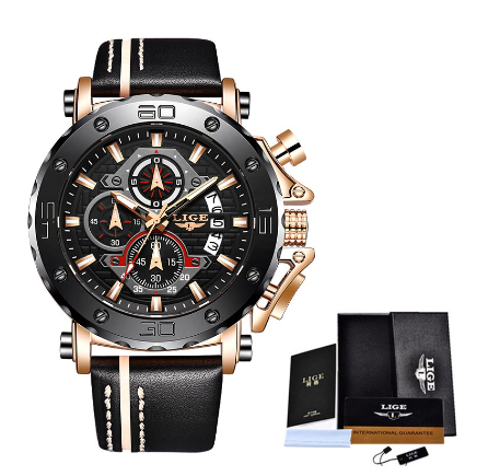 LIGE Official Men Watch Leather Watch Mens Sport Waterproof Quartz Watch Chronograph Wristwatch For Men ROSEGOLD BLACK