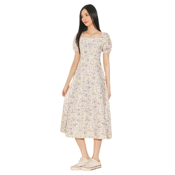 Lovito Women Draped Lettuce Trim Puff Sleeve Dress L61AD076 (White)