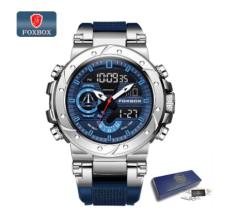 FOXBOX Fashion Digital Watch Men Dial Dual Display Outdoors Waterproof Sport Luminous Silicone Watch SILVER BLUE