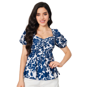 Lovito Women Boho Floral Smocked Ruffle Hem -Puff Sleeves Blouse LBL08037