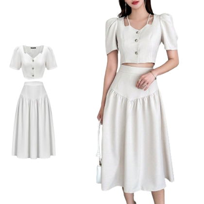 Lovito Women Button Fake 2-In-1 Skirt Set L61AD094 (Top/Skirt)