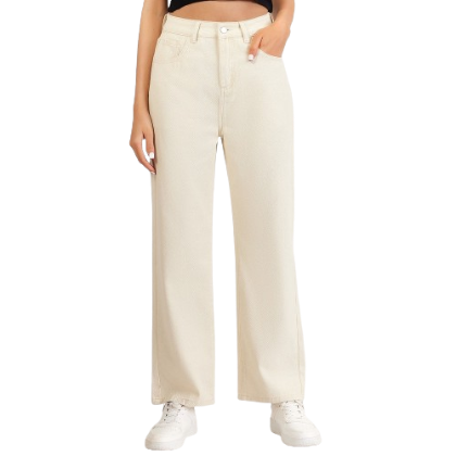Lovito Casual Plain Spiked Pockets High Waist Jeans Wide Leg Pants For Women L20DD03 (Off White)