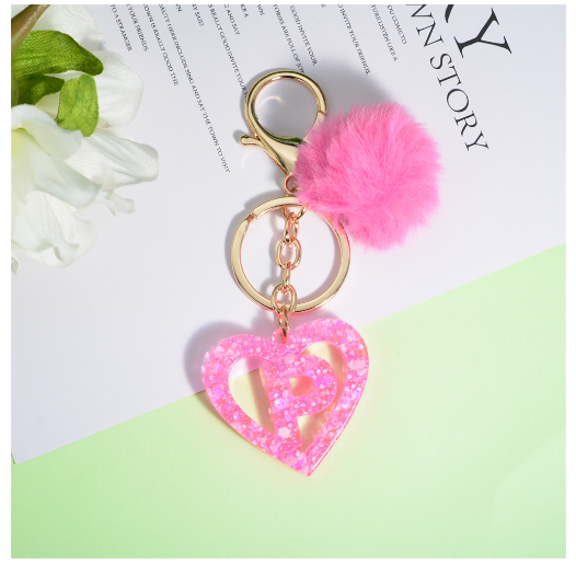 Pink Heart A-Z 26 Initials Keychain With Furball Fashion Letter Resin Keyring For Women Bag Ornaments Car Key Accessories Gifts P