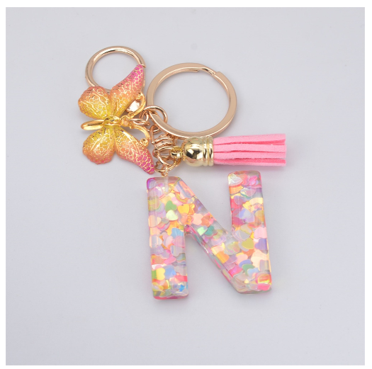Exquisite 26 Letter Resin Keychain with Pink Tassel Gradient Butterfly Pendant Key Ring Women Bag Ornaments Accessories N