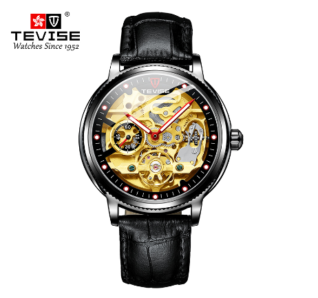 TEVISE Automatic watch for men Gold Luxury Skeleton Mechanical Watches waterproof Luminous Tourbillon Leather strap Men Watch 1