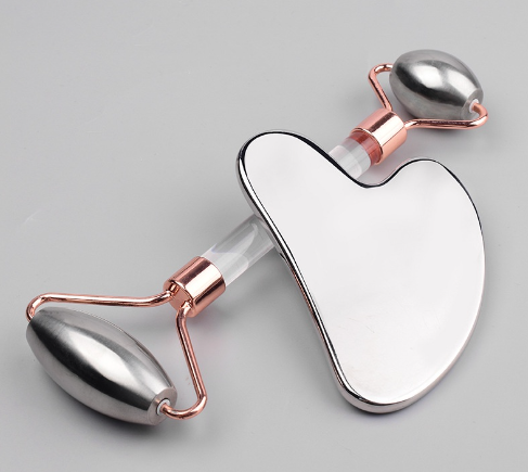 New Stainless Steel Facial Gua Sha Jade Roller Massage Set Face Lift Anti-Aging Skin Tightening Detox Health Care Metal Massager