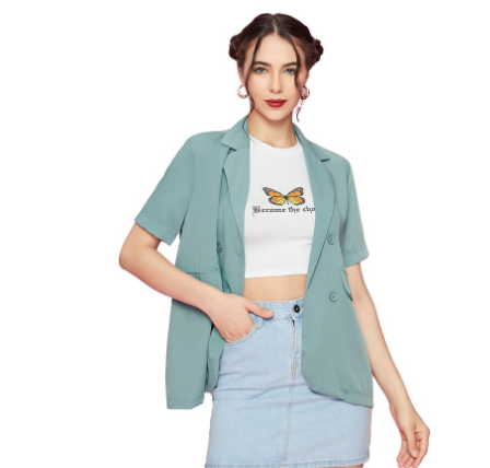 Cute Plain Double Button Shoulder Pads Loose Short Sleeve Blazers (Green)