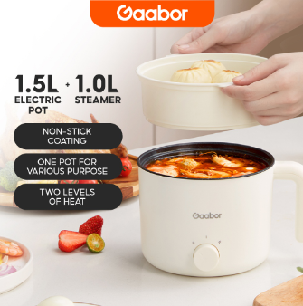Gaabor Electric Pot Non-Stick Two Levels of Heat 1.5L with Steamer 1L Capacity