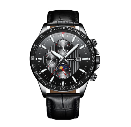 SENO Quartz Watch For Men Luminous Pointer Waterproof Wristwatch 42mm Big Dial Watches BLACK LEATHER