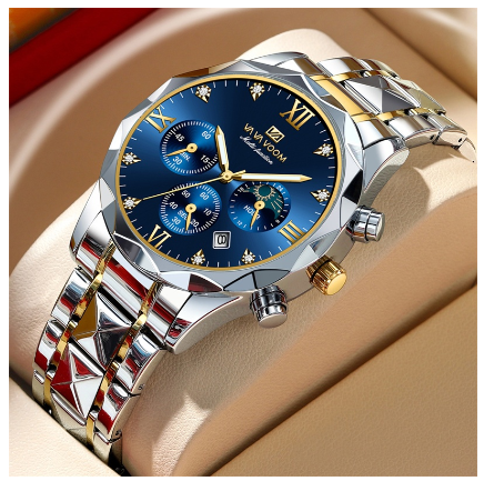 VA VA VOOM Men's Watch Stainless Steel Sports Multifunctional Clock Blue Gradual Gold Rhinestone Business Quartz Watch GOLD BLUE