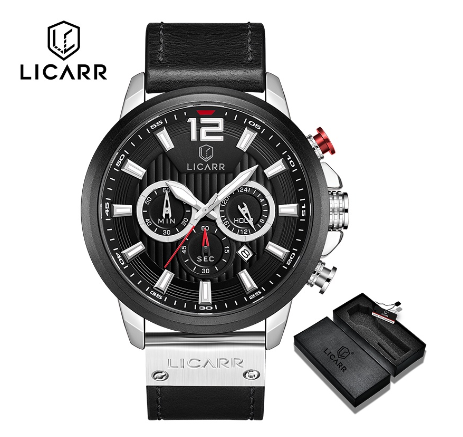 LICARR Men's Watches Top Luxury Fashion Brand Casual Chrono Calendar Sport Business Men Watch Waterproof 9501 SILVER BLACK