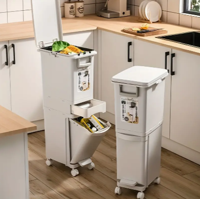 1pc 29L/32L Large Trash Can, Classification Garbage Bin, Plastic Trash Bin With Lid, Double-layer Foot Pedal Rubbish Bin, Dry And Wet Separation Waste Bin, Kitchen Accessories, Home Supplies, Cleaning