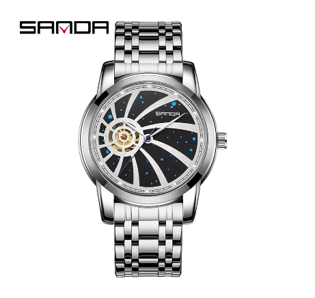 Sanda Official Star Sky Fully Automatic Mechanical Steel Band Watch Men's Glow Swimming Watch  SILVER BLACK STEEL STRAP