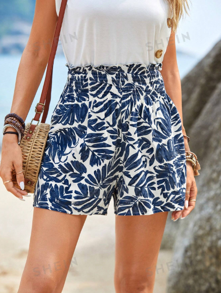 SHEIN LUNE Tropical Print Paperbag Waist Shorts