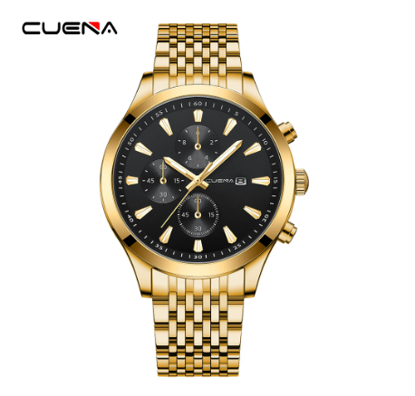 CUENA Original Men's Watches Fashion Brand Stainless Steel Gold Luxury Business Casual Water Resistant Quartz Analog Watch GOLD BLACK