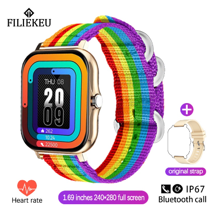 FILIEKEU Smart Watch Men Women Waterproof Sports Fitness Bluetooth Couple Touchscreen Stainless Steel Smartwatch RAINBOW NYLON