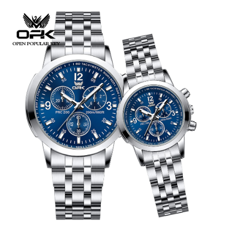 OPK Watch For Couple Original Waterproof With Box Stainless Steel Strap Watch BLUE DIAL SILVER CASE STRAP