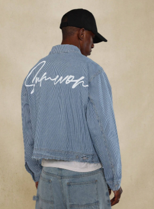 SUMWON Cropped Denim Stripe Raw Hem Jacket