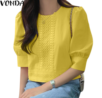 Vonda Women Korean Half Sleeve O Neck Casual Baggy Pleated Blouse