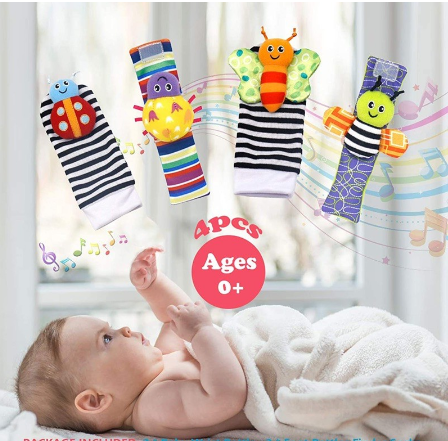 4pcs set Cute Animal Infant Baby Kids Hand Wrist Bell Foot Sock Rattles Soft Toys