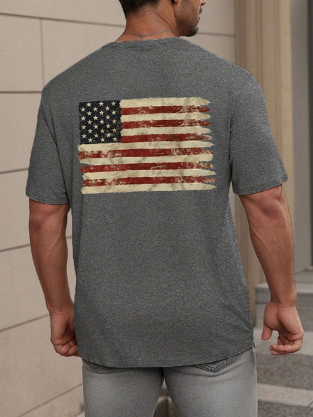 Manfinity Dauomo Plus Size Men's Casual US Flag Printed Crew Neck Short Sleeve T-Shirt, Summer