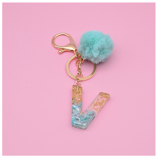 Cute Keyring Green Pompom Fur Ball 26 Letter Keychain Resin Key Chains Handbag Charms For Woman Ornaments Accessories Gift V