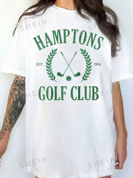 SHEIN EZwear Hampton Golf Club Oversized Women's T-Shirt, Summer Casual Loose Short Sleeve Round Neck Tee With Dropped Shoulder Design