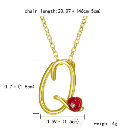 Fashion 26 Letter Necklace Ladies Red Rose Flower Clavicle Pendant Necklace Rhinestone Retro English Letter Necklace Q