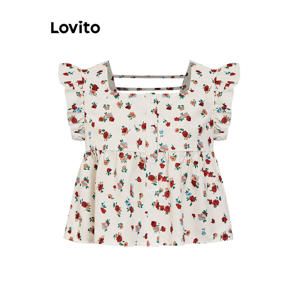 Lovito Women Casual Ditsy Floral Frill Pattern Tank Top LNE33261 (Apricot)