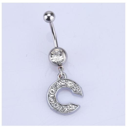 26 Letter A To Z Style Charm Stainless Steel Body Piercing JewelryCrystal Rhinestone Navel Belly Button Ring C