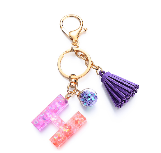Cute Creative 26 Letter Alphabet Crystal Glitter Resin Keychain Women Tassels Keyring Car Key Holder Bag Charms Accessories H