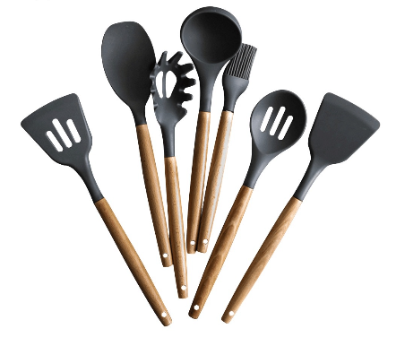 Walfos Silicone Cooking Utensils Set Non-Stick Spatula Shovel Wooden Handle Spoon Brush (7 Pcs)