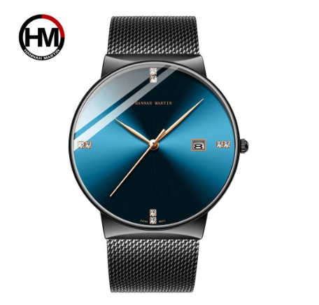Hannah Martin Fashion Blue Black Gradient Men Watch Diamond Business Waterproof Calendar Wristwatch Japanese Movement Quartz BLACK BLUE
