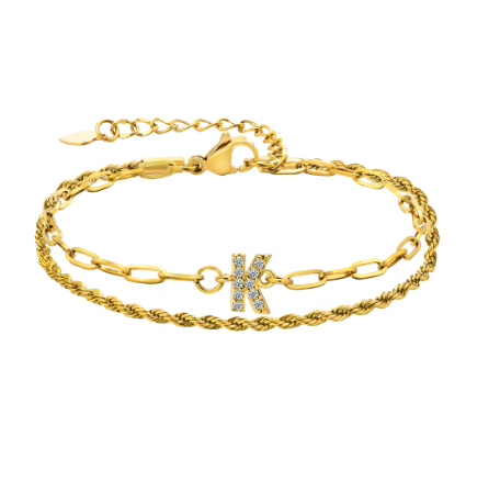 Vnox Letter Double Layer Braelet,18K Gold Fried Twistsed Paper Clip Zirconia Initial Stainless Steel Chain Link for Women K