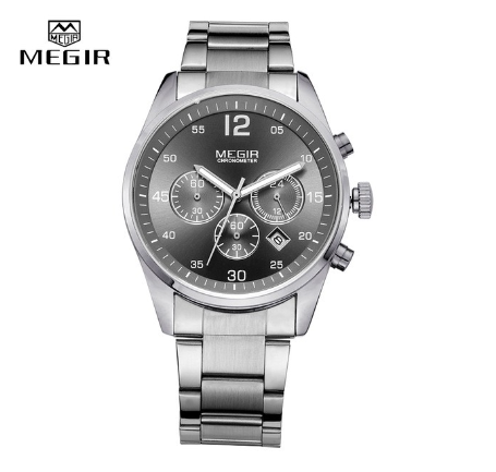 MEGIR Black&Silver Full Steel Business Quartz Analog Men's Wristwatch Waterproof Chronograph 04